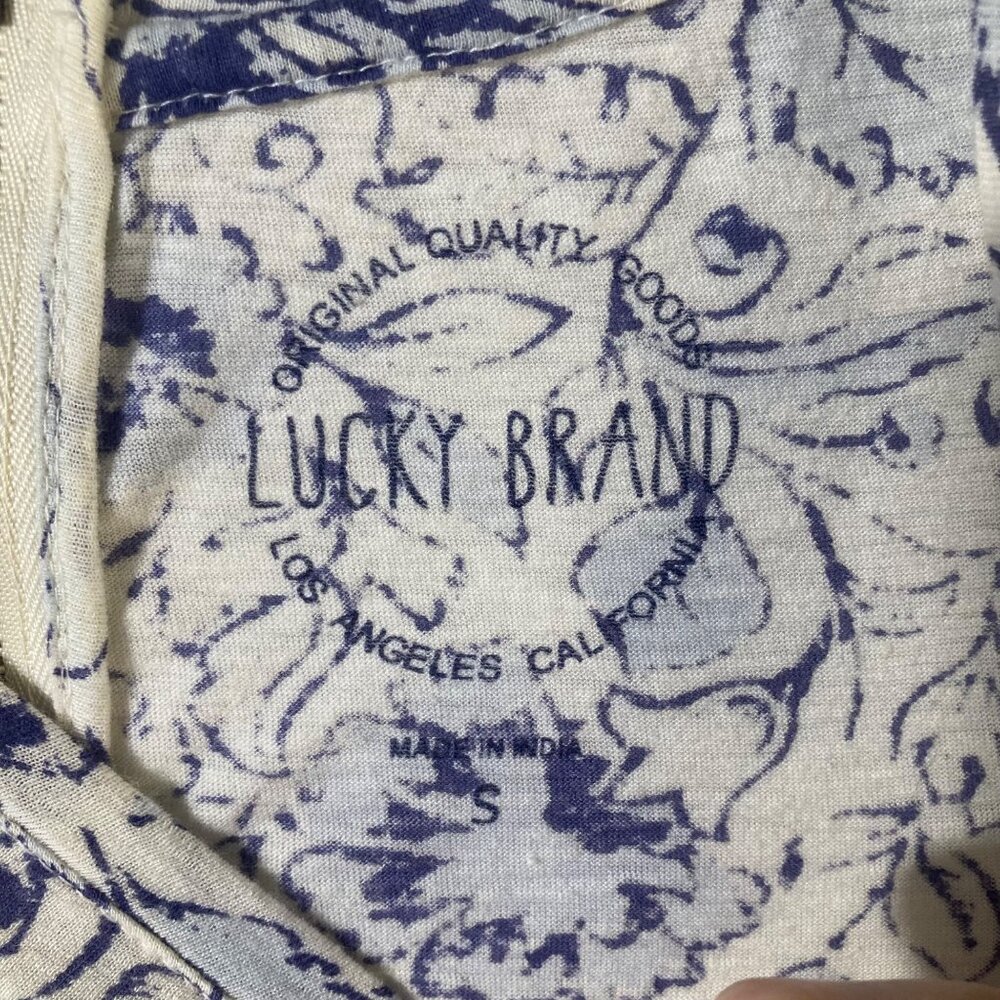 Womens Lucky Brand Cap Sleeve Floral Top Blue White S Cotton Modal Back Zip - Picture 5 of 8